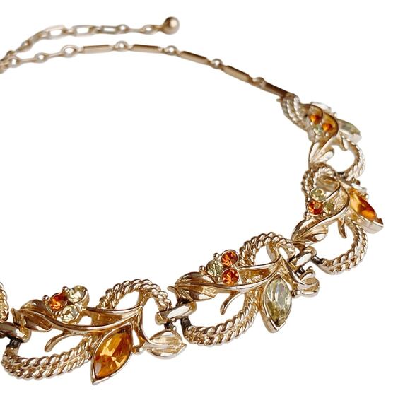Signed Coro Mid Century Gold Tone Leaf Necklace with Amber Rhinestones VTG 1950s - Picture 1 of 12